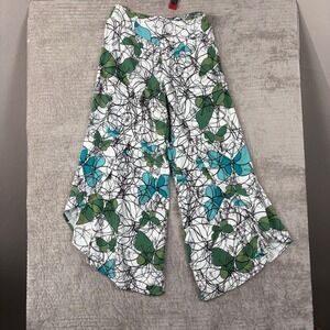 Totem Butterfly Print Wide Leg Pants Green Teal Viscose Tulip Hem‎ Size 1 Small